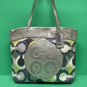 **SOLD** COACH Tote Bag Purple Yellow Nylon 14970 Leather Logo Circle **EUC**